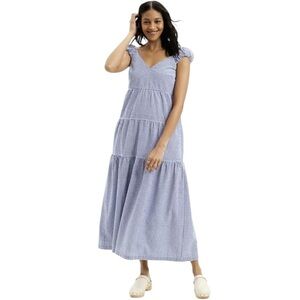 Old Navy Fit & Flare Seersucker Cotton Blue Gingham Tiered Maxi Dress XS Tall